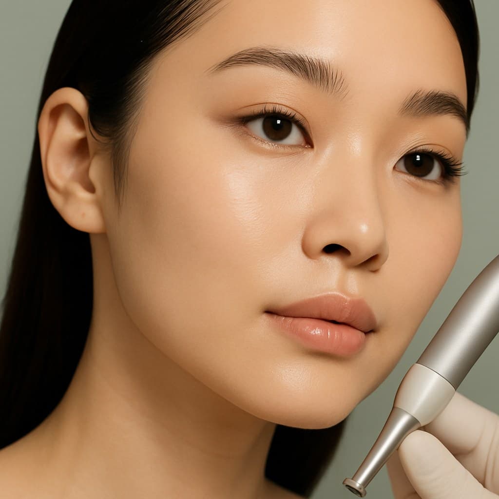 Asian facial skin image with aesthetic laser handpiece