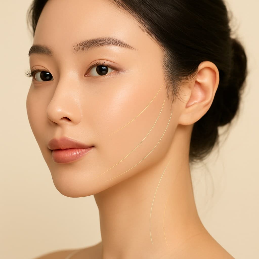 Asian cheek and jawline image with subtle thread lift guide lines